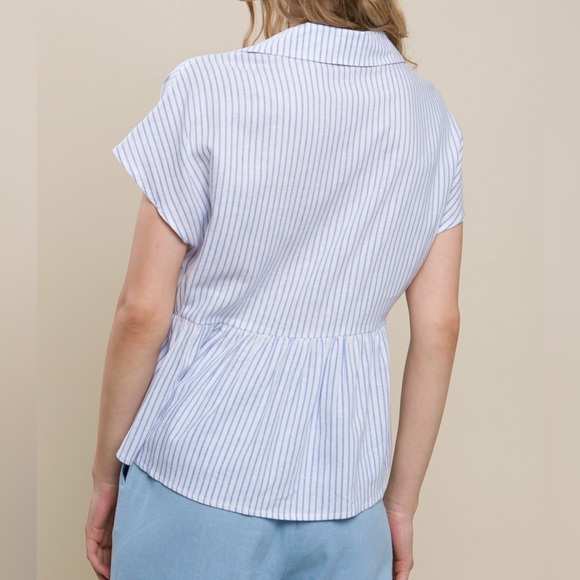 3/$25! NEW! Women’s Boutique Classic Carol Button Up Striped Linen Peplum Top M - Picture 4 of 16